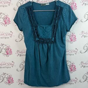 ONE WORLD t-shirt, milk made style tie-dye BoHo Teal Blouse with Lace Detail